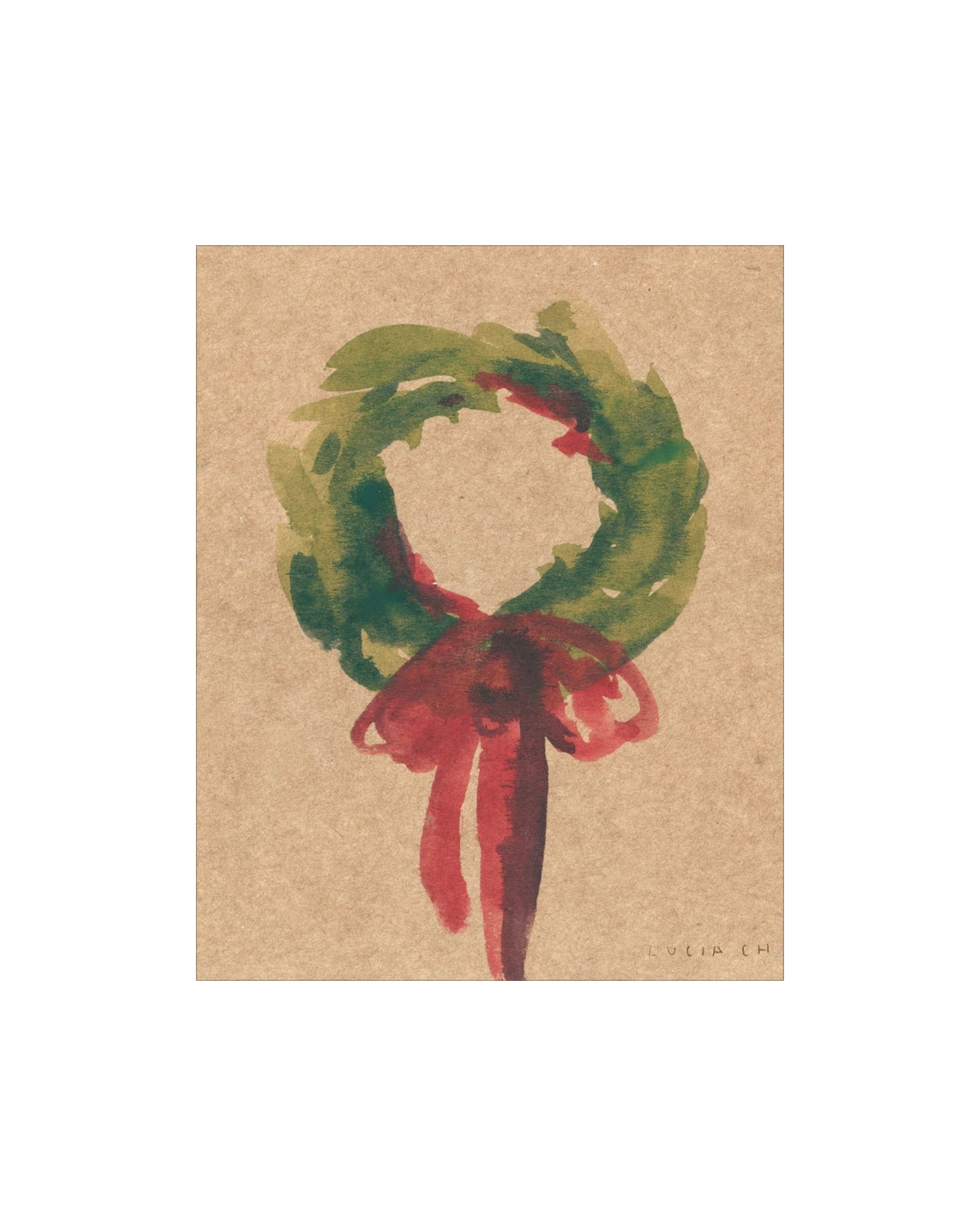Wreath III green wreath with red bow art print, view 2