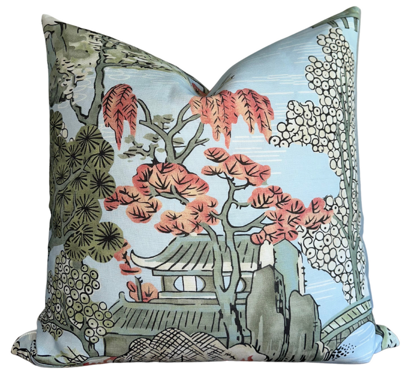 Ready to Ship, 16x16 Asian Scenic Pillow Cover in Spa Blue