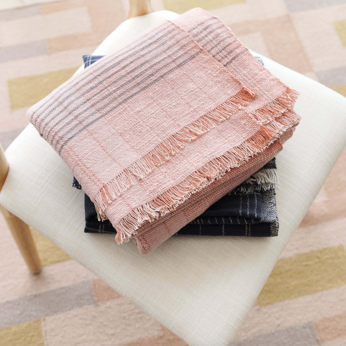 Silica Rose salmon pink and gray stripes handwoven merino throw – One Affirmation