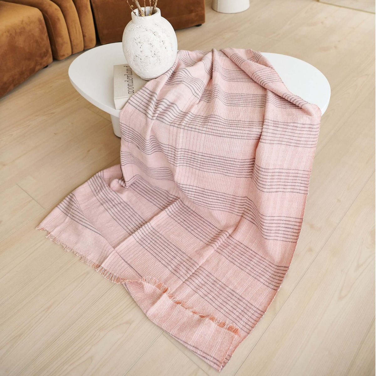 Silica Rose salmon pink and gray stripes handwoven merino throw – One Affirmation