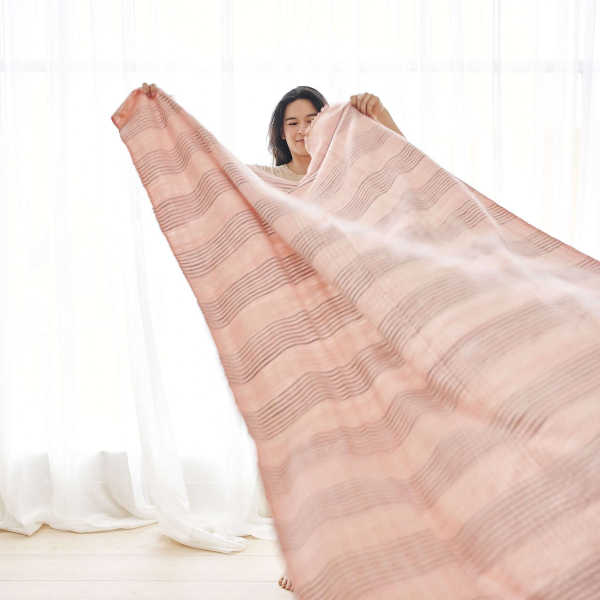 Silica Rose salmon pink and gray stripes handwoven merino throw – One Affirmation