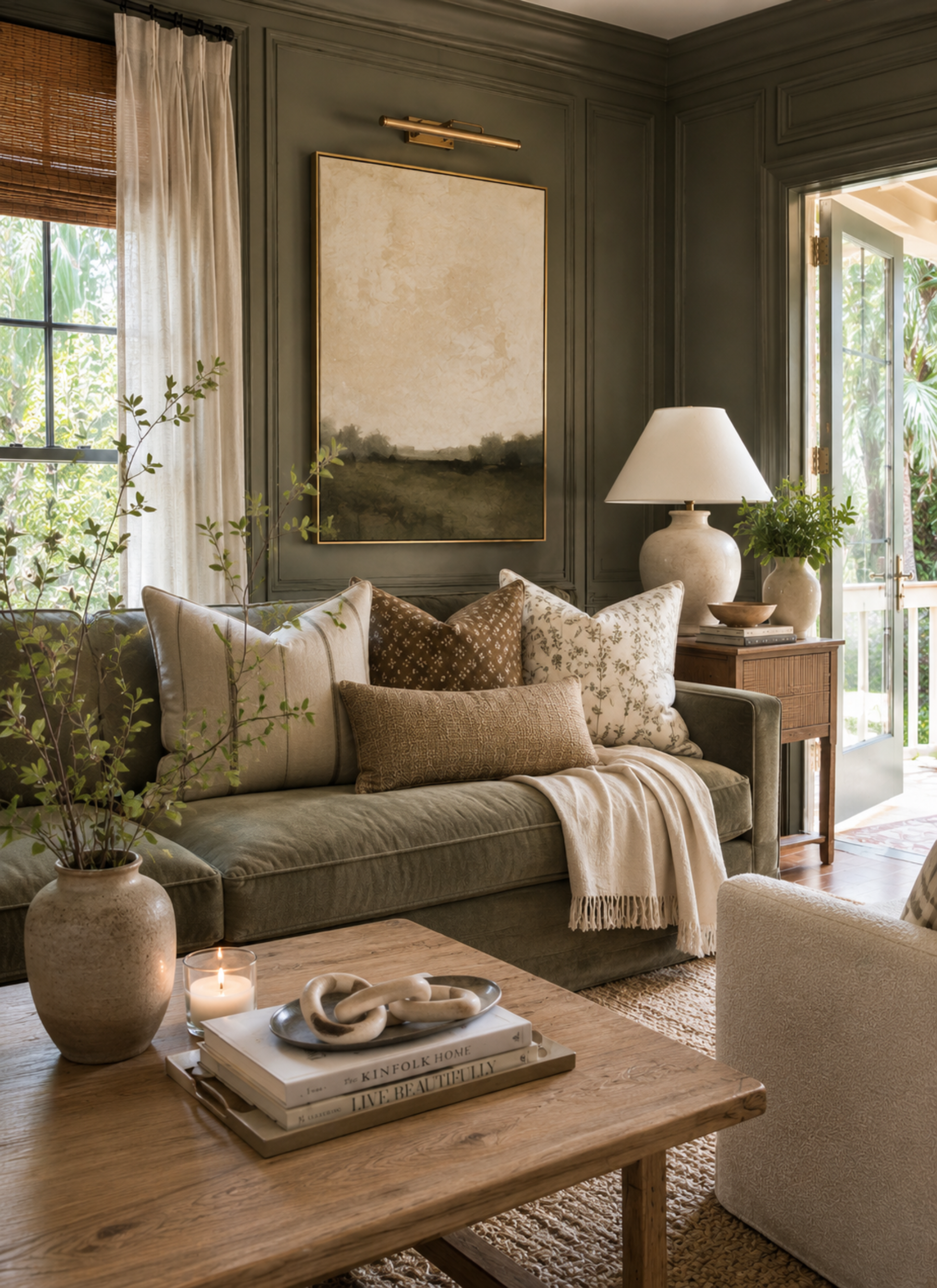 A styled living room featuring a sage green velvet sofa adorned with neutral-toned throw pillows and a cream fringed blanket. A rustic wooden coffee table sits in the foreground with books and a candle, while a large framed landscape painting hangs on the dark green paneled wall behind the sofa.