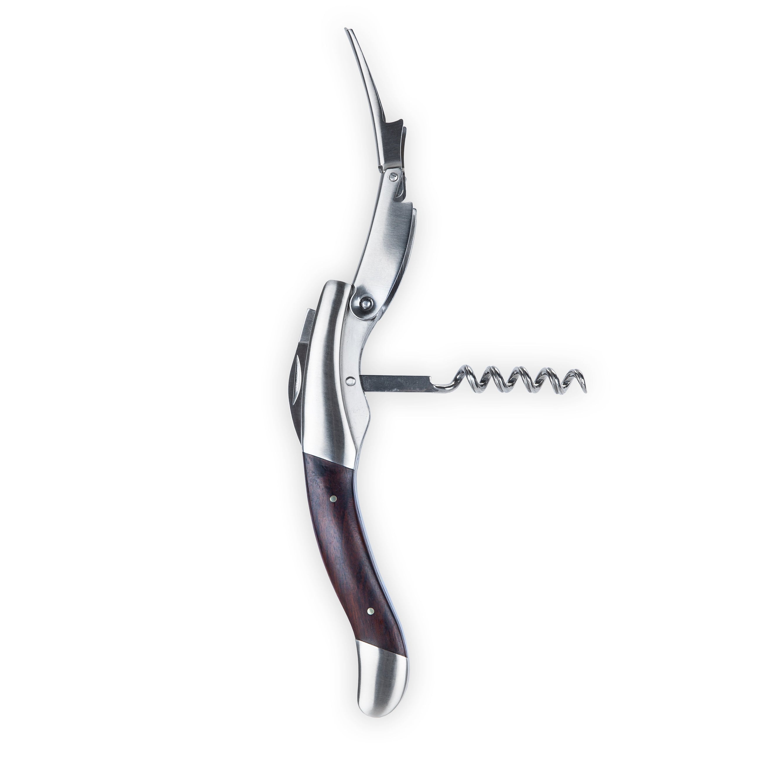 Heavyweight wine opener with foil cutter and wood handle