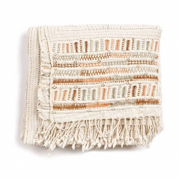 Unah brown hand embroidered organic cotton artisan throw – One Affirmation