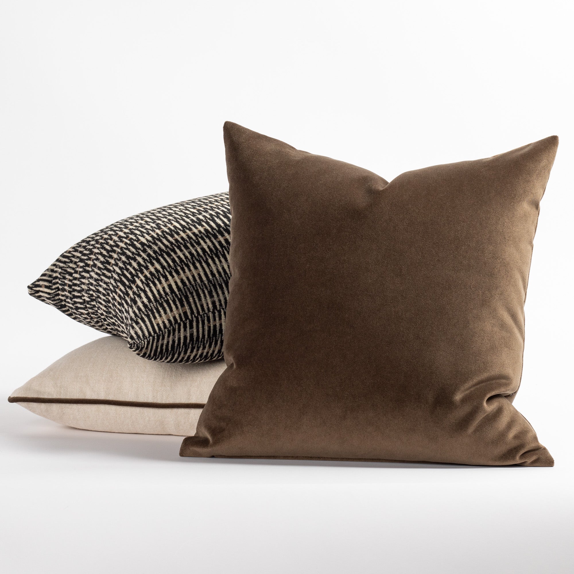 Truffle Velvet Pillow Covers stacked, showing invisible zipper and finished edges