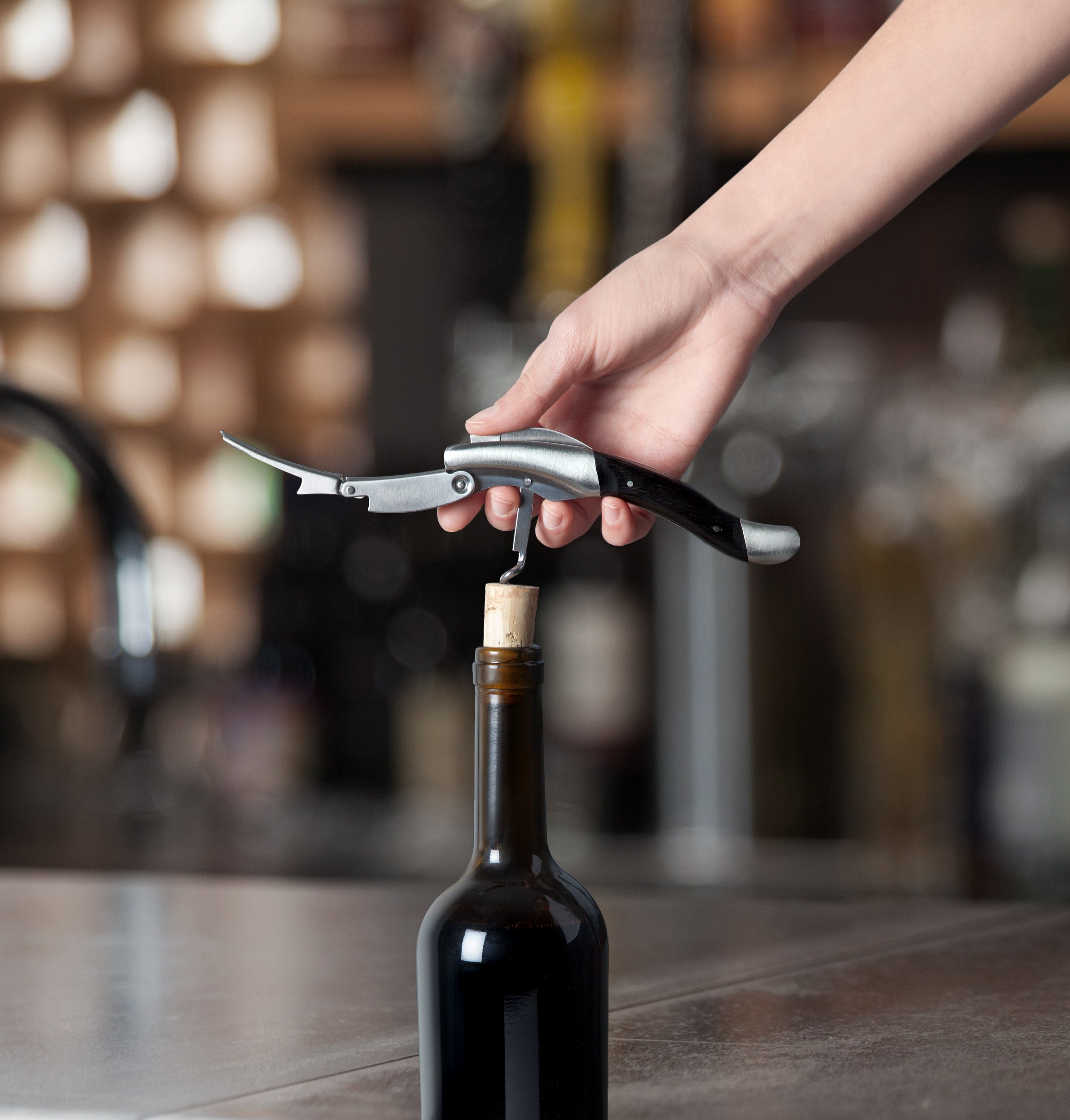 Stainless steel double-hinged corkscrew by Viski