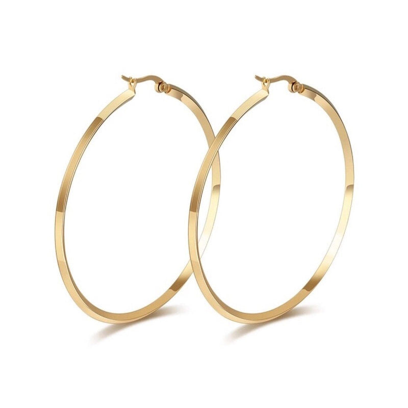 Zoey Hoops oversized 18k gold filled hoop earrings on display