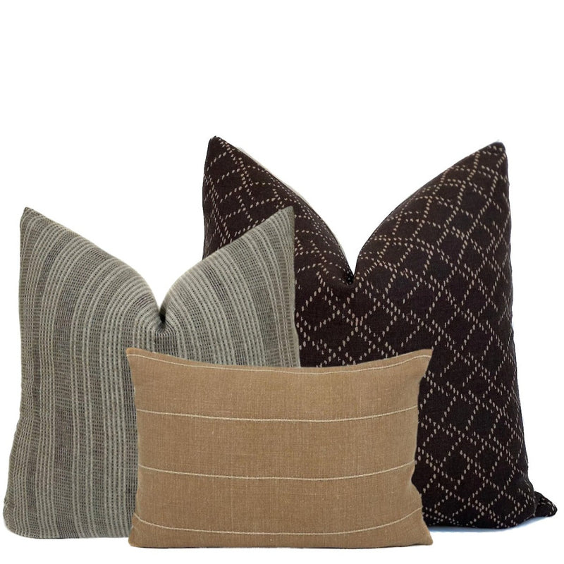Pillow Combo #12 with (3) pillow covers in faded rust, brown, and grey.