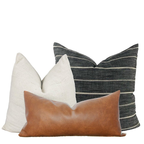 Pillow Combo with Dark Gray Stripe, Cream mudcloth, and Faux Leather lumbar pillow covers by One Affirmation. 
