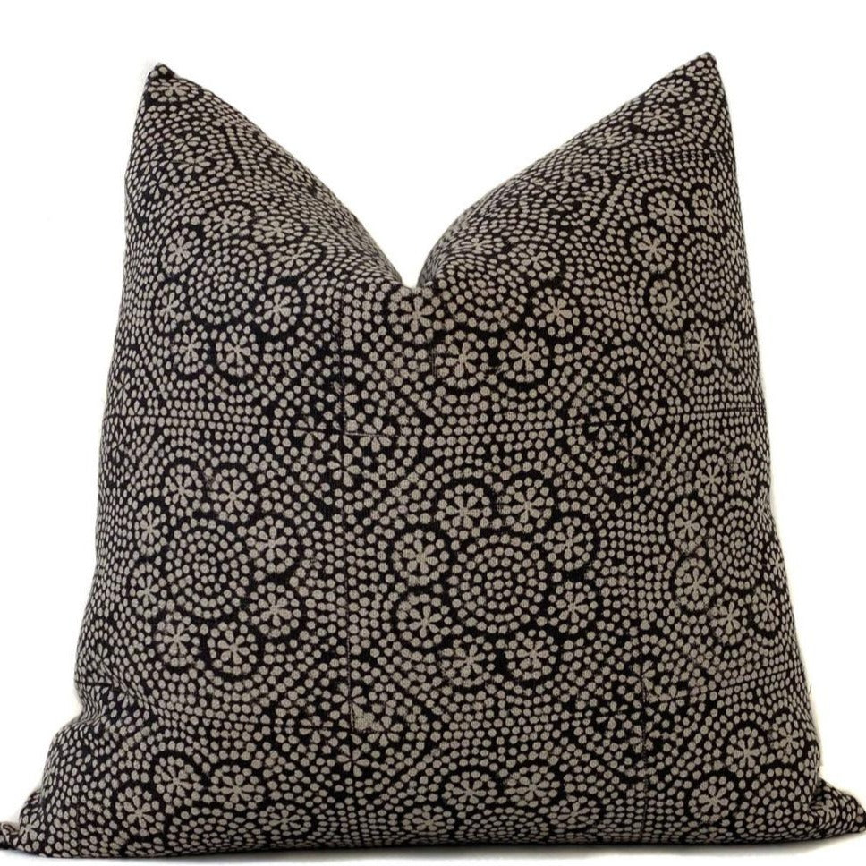 Lucca Noir Pillow Cover. Floral pattern hand block printed on natural linen. 