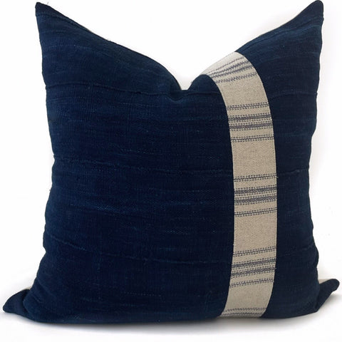 African Indigo pillow with farmhouse stripe. 20x20