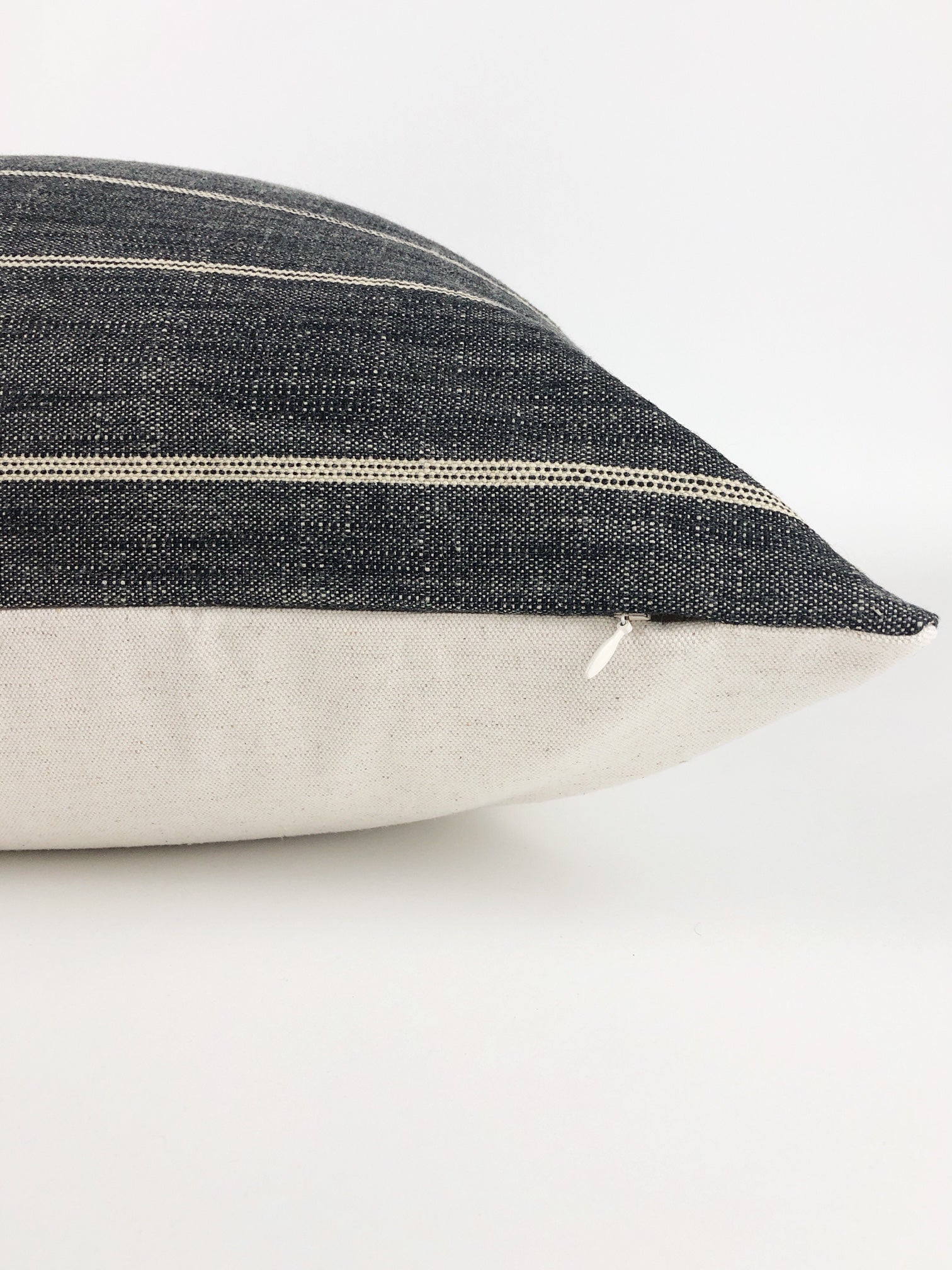 Dark Grey Stripe Pillow Cover on its side