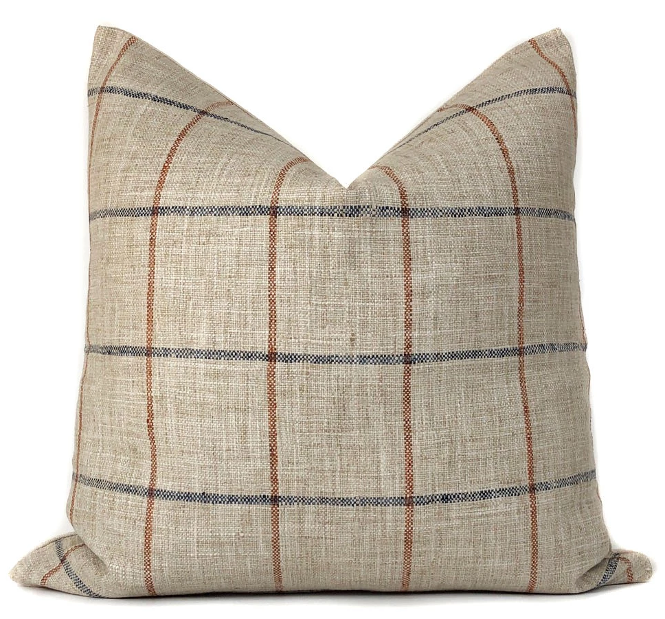 Rustic Woven Windowpane Pillow Cover | Plaid Blue and Rust