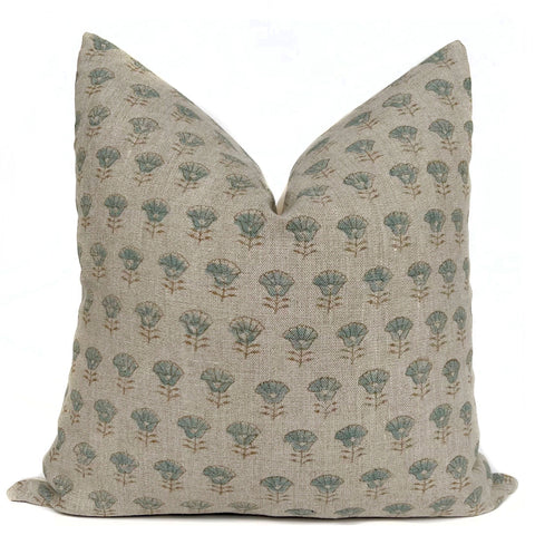 Seafoam green mini floral print with beige linen background pillow