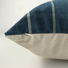 Blue and Cream Stripe Farmhouse Pillow Cover on its side