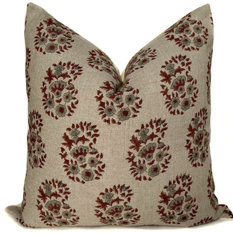 Maroon, Beige, and sage green floral block print "Mallorca" pillow cover.