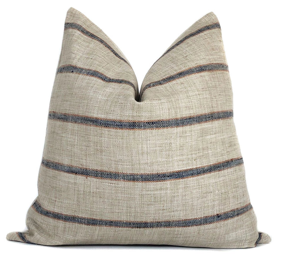 Farmhouse Stripe Pillow Cover | Blue and Rust