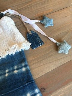 Christmas Stocking with Ornaments | Cream Mudcloth + African Indigo | Boho Holiday Decor