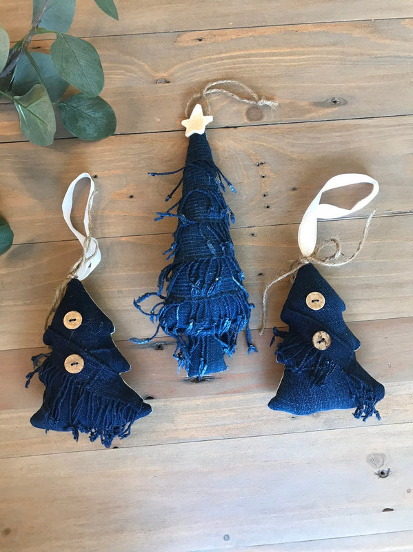Vintage African Indigo Mudcloth Christmas Tree Ornaments | Set of 3