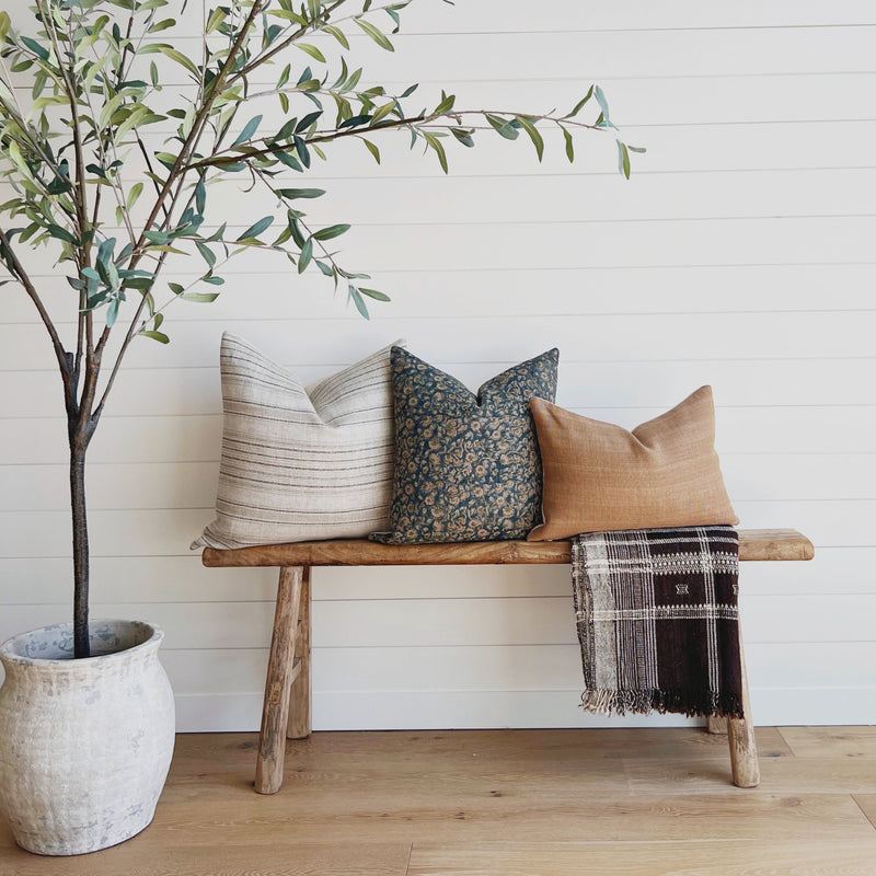 Fall Pillow Set featuring a beige striped pillow, a blue and green floral pillow, and a rust lumbar pillow cover by One Affirmation. 